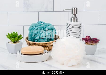Set di pompa eramic bottiglia per sapone liquido o uno shampoo con sapone a base di erbe su sfondo marmo. Foto Stock