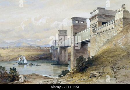 Dillon Frank - il ponte tubolare Britannia sul Menai Straits - British School - 19 ° secolo Foto Stock