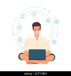 Lavorare a casa. Persone a casa in quarantena. Uomo sorridente che usa il computer portatile a casa in salotto. Felice uomo d'affari maturo inviare e-mail e lavorare a. Illustrazione Vettoriale