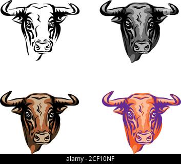 toro, ritratto, testa, colore, vettore, animale, illustrazione, icona, isolato, mucca, selvaggio, cornato, bianco, nero, arte, simbolo, segno, arrabbiato, potere, fattoria Illustrazione Vettoriale