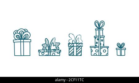 Doodle con regali e giocattoli. Schizzo disegnato a mano con scatole regalo. Illustrazione vettoriale isolata Illustrazione Vettoriale