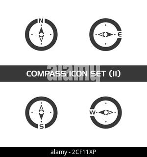 Impostazione dell'icona della bussola isolata. Meteo e mappa. Illustrazione del vettore glifo Illustrazione Vettoriale
