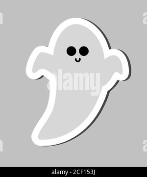 Carino adesivo Halloween di simboli di giorno di scarry. Divertente fumetto fantasma è su sfondo bianco. Illustrazione Vettoriale