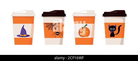 Tazze da tè o caffè decorate con personaggi di Halloween - zucca, ragno sul web, gatto nero, cappello di strega. Illustrazione Vettoriale