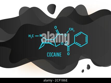 Formula chimica strutturale Cocain o coke con liquido nero forme su sfondo bianco Illustrazione Vettoriale