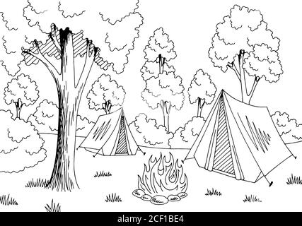 Camping foresta grafica nero bianco disegno paesaggio vettore illustrazione Illustrazione Vettoriale