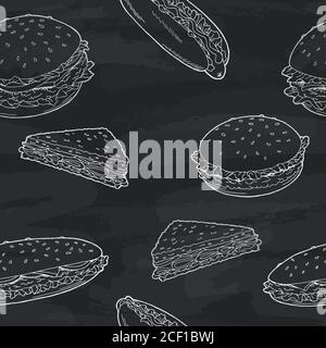 Hamburger grafico fast food blackboard schizzo senza cuciture modello illustrazione vettore Illustrazione Vettoriale