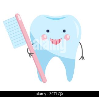 Carino dente sano. Carattere del dente del cartone animato. Bambino odontoiatria concetto vettore Illustrazione.isolato su sfondo bianco. Felice pulito dente con pennello. Illustrazione Vettoriale