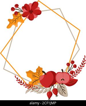 Vetector autunno geometrico cornice rotonda corona con posto per il testo. Con foglie, zucca e bacche per un giorno felice del Ringraziamento. Illustrazione del modello per Illustrazione Vettoriale