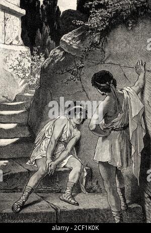 ATTO II, SCENA I., Orestes e Pylades, scena di Iphigenia a Tauris, Johann Wolfgang von Goethe Foto Stock