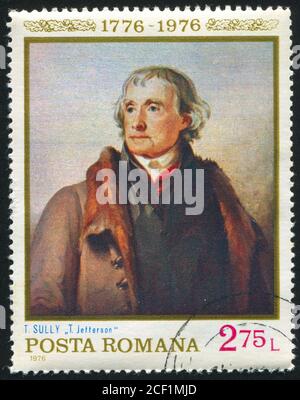 ROMANIA - CIRCA 1976: Francobollo stampato dalla Romania, mostra la foto 'T.Jefferson', di Thomas Sully, circa 1976 Foto Stock