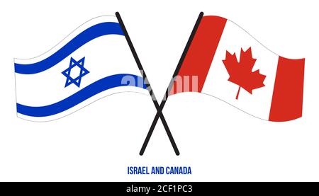 Le bandiere di Israele e Canada hanno attraversato e ondulato lo stile piatto. Proporzione ufficiale. Colori corretti. Illustrazione Vettoriale