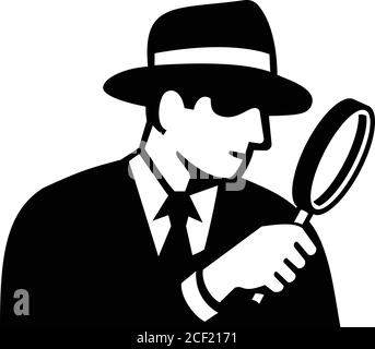 Illustrazione stencil di un occhio privato, detective, ispettore o investigatore privato che guarda attraverso la lente d'ingrandimento indossando fedora cappello vista laterale su i Illustrazione Vettoriale