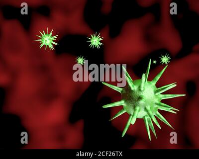 illustrazione 3d delle cellule virali verdi su sfondo rosso Foto Stock