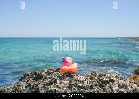 Anatra di gomma di plastica sulle rocce di una spiaggia con mare blu su sfondo Foto Stock