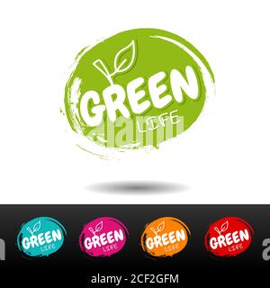 Set di badge per alimenti vegani. Vita verde. Etichette vettoriali disegnate a mano. Foto Stock