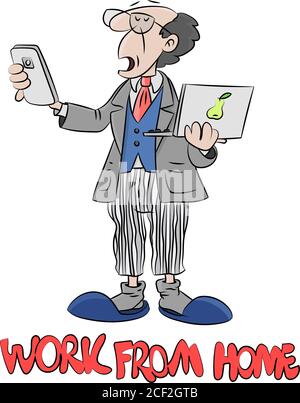 Cartoon uomo rimanere a casa e lavorare da casa per essere al sicuro da corona virus illustrazione vettore Illustrazione Vettoriale