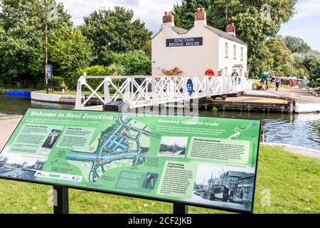 Pannello interpretativo a Saul Junction, il punto di attraversamento del Gloucester e Sharpness Canal con lo Stroudwater Canal a Saul, Gloucestershire UK Foto Stock