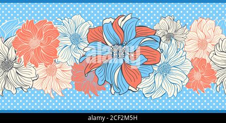 Fiori di dahlia disegnati a mano. Bordo vettoriale senza giunture. Illustrazione Vettoriale