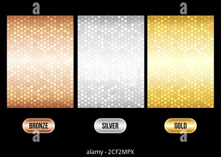 Set di sfondi metallizzati di lusso. Bronzo, argento, oro. Per carte di sconto o altri design. Illustrazione Vettoriale