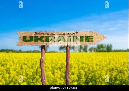 Cartello stradale freccia di legno con parola Ucraina contro il campo giallo e sfondo blu cielo. Viaggio in Ucraina concetto. Foto Stock