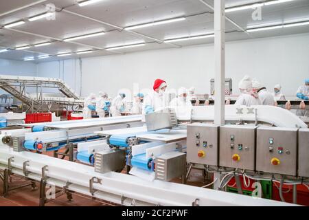 Attrezzature industriali in una fabbrica di carne. Impianto di lavorazione della carne. Attrezzature per la lavorazione della carne. Linea di produzione con confezionamento e taglio di carne. Foto Stock