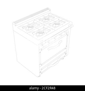 Contorno di una stufa a gas da linee nere isolate su uno sfondo bianco. Vista isometrica. Illustrazione vettoriale Illustrazione Vettoriale