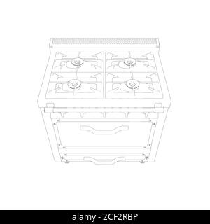 Contorno di una stufa a gas da linee nere isolate su uno sfondo bianco. Vista frontale. Illustrazione vettoriale Illustrazione Vettoriale