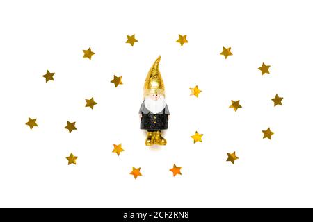 elf, stelle decorate con luccio d'oro in nero, colore dorato isolato su sfondo bianco. Felice anno nuovo, buon Natale concetto Holiday card appartamento Foto Stock