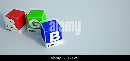 Rendering 3D di caselle con colori di stampa di base rosso, verde e blu noto come RGB Foto Stock