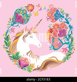 Unicorno di bellezza vettoriale con fiori in composizione circolare. Colorata illustrazione ornamentale isolata su sfondo rosa. Per T-shirt, adesivi, design Illustrazione Vettoriale