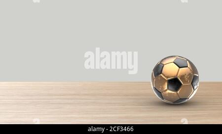 Calcio d'oro palla di metallo Calcio su tavolo di legno con sfondo bianco grigio. CopySpace per il tuo testo. Mock up, obiettivo della squadra sportiva. Illustrazione 3d rende Foto Stock