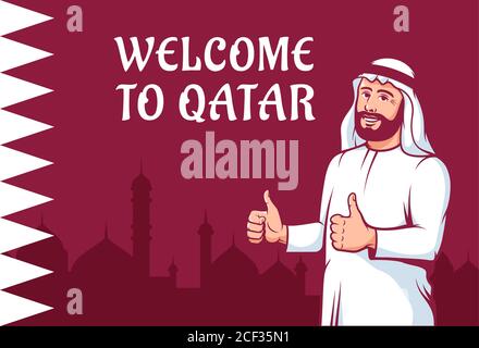 L'uomo arabo positivo si accende sullo sfondo della bandiera del Qatar Illustrazione Vettoriale