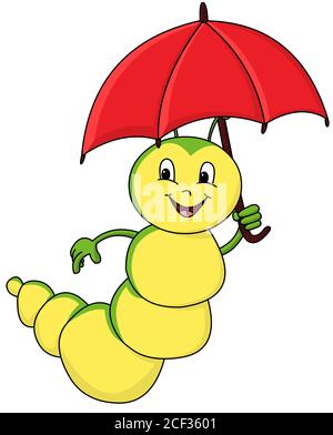 buon fumetto caterpillar con ombrello isolato con sfondo bianco Foto Stock