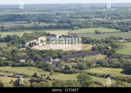 Vista del glynde Chalkpit dal Monte Caburn vicino Lewes. East Sussex, Regno Unito. Foto Stock