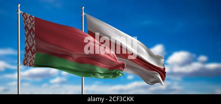 Bandiere ufficiali e di protesta della Bielorussia che sventolano sullo sfondo del cielo blu. Vecchio e nuovo simbolo nazionale. illustrazione 3d Foto Stock