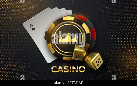 Casino cantare. illustrazione 3d. Quattro carte da gioco, chip da gioco con corona d'oro e dadi su sfondo nero con luccichini scoppianti. Foto Stock