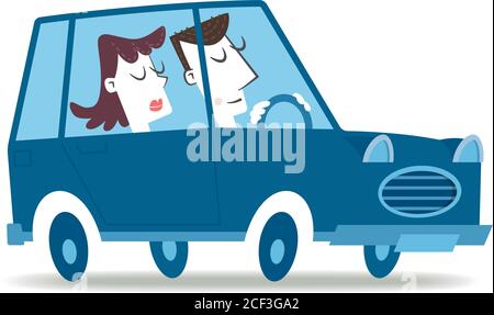 Illustrazione in stile retrò di una coppia che viaggia in auto. Illustrazione Vettoriale