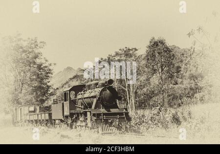 Thailandia, Kanchanaburi. Questo è uno dei treni abbandonati oltre quello che era Sai Yok clearing e Pow camp sulla famigerata ferrovia della morte Birmania-Siam della seconda guerra mondiale costruita più o meno dai prigionieri di guerra alleati e la stampa ha ganizzato la gente locale incaricato di costruire la rotta ferroviaria terrestre da Bangkok Nel Golfo della Thailandia a Rangoon in Birmania come parte del piano strategico dell'Esercito Imperiale Giapponese per invadere l'India. Foto Stock