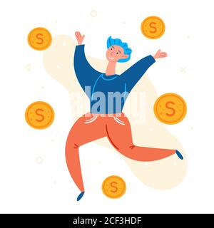 Giovane uomo con salto. Monete del dollaro d'oro che volano. Umore positivo, sorridente. Fortunato, vincitore, giocatore. Gioco d'azzardo, contanti, casinò. Stile moderno. Piatto h Illustrazione Vettoriale