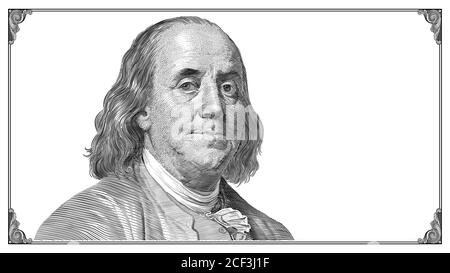 Ritratto di Benjamin Franklin con cornice su sfondo bianco. Disegno vettoriale. Illustrazione Vettoriale