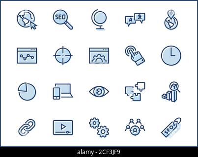 Set di icone della linea vettoriale relative a SEO. Contiene simboli quali icona Web, occhio, localizzazione, collegamento, traffico, Traduci, tracciamento delle prestazioni, punto e. Illustrazione Vettoriale