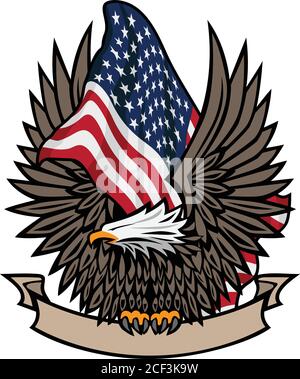 Bandiera americana con aquila calva e vettore isolato a colori di striscione Illustrazione Illustrazione Vettoriale