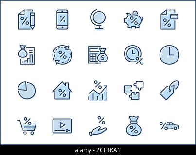 Set di icone di linee vettoriali relative al credito e al prestito. Contiene icone come carta di credito, calcolatore dei tassi, deposito e molto altro. Tratto modificabile. 32 x 32 pixel Illustrazione Vettoriale
