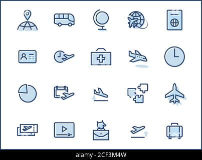 Set Di Icone Della Linea Vettoriale Relative A Airport. Contiene icone quali Globe, partenza, Aereo, autobus, biglietti, ritiro bagagli, calendario, kit e altro ancora. Editabl Illustrazione Vettoriale