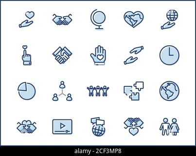 Giornata Internazionale Della Linea Di Solidarietà Umana Icone Vettore Set. Contiene icone come Handshake, Cuore, pianeta Terra, aiutare Mano, Persone e molto altro. Edi Illustrazione Vettoriale