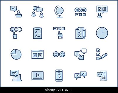 Set Di Icone Della Linea Vettoriale Correlate All'Indagine. Contiene icone quali Smile, Sad, Review, Click, Check, Customer Opinion, Web Survey e altro ancora. Str. Modificabile Illustrazione Vettoriale