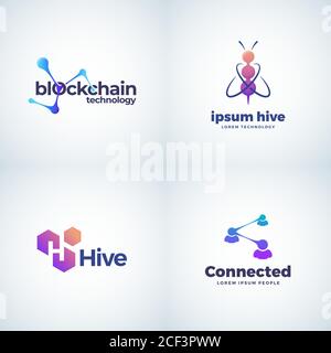 Blockchain Technology Absrtract Vector Signs, Symbols o Logo Templates Collection. Bee Hive Connection e Coworking Gradient icone con moderno Illustrazione Vettoriale