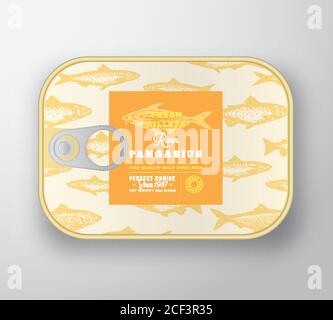Modello etichetta pesce in scatola. Contenitore in alluminio astratto Vector con coperchio per etichette. Progettazione di imballaggi. Tipografia moderna e Pangasio disegnati a mano o Basa Illustrazione Vettoriale