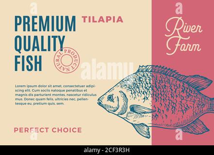 Tilapia di qualità superiore. Disegno o etichetta astratta del confezionamento del pesce vettoriale. Tipografia moderna e layout di sfondo Silhouette disegnata a mano Illustrazione Vettoriale